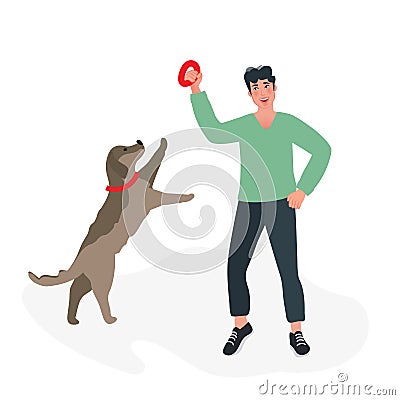 The dog handler trains the dog and teaches its commands. Vector illustration of dog breeding Vector Illustration